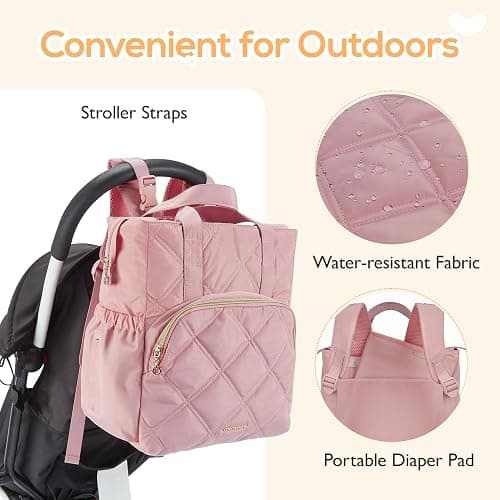 mommore Quilted Diaper Bag Backpack, Small Baby Bags, Lightweight Mini Diaper Backpack for Travel, with Insulated Pockets, Changing Pad (Pink) thumbnail 6