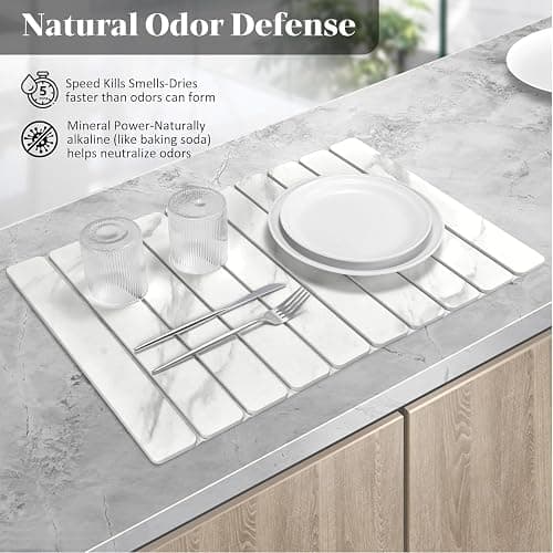 Large Stone Dish Drying Mats for Kitchen Counter, Quick Dry Dish Drying Mats, Foldable Absorbent Diatomaceous Earth Mats for Dishes Cups, Match Any Countertop (24"×16" & 8"x4" White Marble ) thumbnail 3