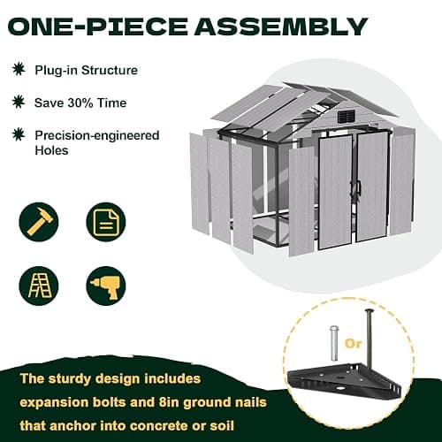 MELLCOM 8 x 6 FT Outdoor Plastic Garden Storage Shed with Floor, Resin Tool Storage Shed with Windows and Lockable Door for Patio, Pool Supply, Bike, Lawnmower thumbnail 3