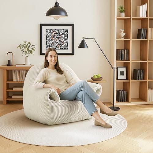 Peace nest Bean Bag Chair with Memory Foam Filled Ultra Soft Corduroy Cover for Adults Comfy Fur Bean Bag Chairs with Armrests for Bedroom Living Room Office Dorm Reading Beige thumbnail 4