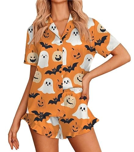 Womens 2 Pieces Halloween Satin Pajama Sets Floral Print Buttoned Short Sleeve Top Shorts Lounge Set - Image 1