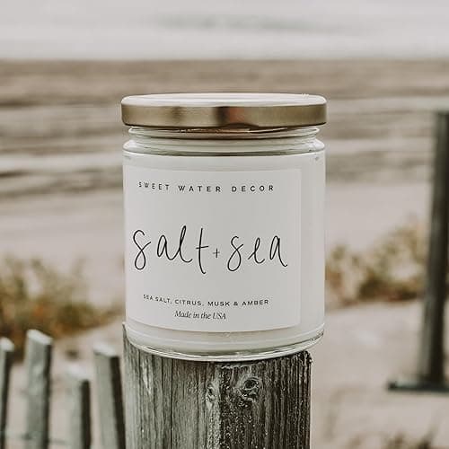 Sweet Water Decor Salt and Sea Candle - Sea Salt, Citrus, Amber, Musk, Beach Scented Soy Candles for Home - Coastal Decor for Beach Lovers - 9oz Clear Jar, 40 Hour Burn Time, Made in The USA - Salt and Sea - Script Label Clear Jar thumbnail 4