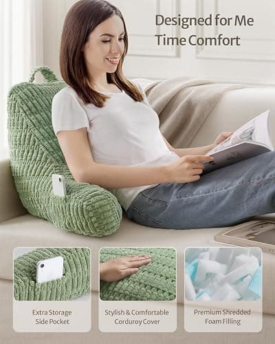 Blissful Diary Reading Pillow, Stylish Bed Pillow with Shredded Memory Foam for Adult Children Backrest, Back Pillow for Bed & Couch Sitting Up with Arms & Pockets & Washable Cover (Sage Green) - Sage Green thumbnail 2