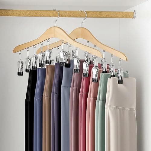 SNUVID Legging Organizer for Closet, Wooden Yoga Pants Hangers 2 Pack with 10 Clips Holds 20 Leggings, Space Saving Hanging Closet Organizer, Closet Organizers and Storage, Dorm Room Organization - Image 1