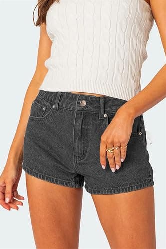 Women Cute Zipper Jeans Bow Trim Denim Shorts with Heart Pockets Y2k Vintage Stretch Mini Bottoms Streetwear - Dark Grey - Small thumbnail 4