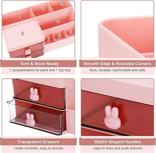 YUTAOWH Makeup Organizer with Drawers, Cosmetic Storage for Dresser Vanity and Bathroom Countertop, Beauty Holder for Lipstick Brush, Skincare Organizer for Brushes, Lotions, Lipstick (Pink) thumbnail 4