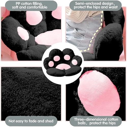 LANPEW Katze Pfot Rückenkissen Sitzkissen Cute Cat Paw Stuhlkissen Plüsch Komfort Sitzpolster Büro Lazy Warm Sitzkissen Bett Tatami Bodenkissen für Home (Schwarz, 60x60cm) thumbnail 4