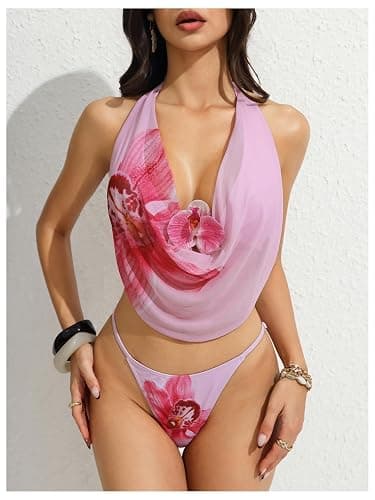 OYOANGLE Women's 3 Piece Swimsuits Floral Halter String Bikini Set with Long Beach Skirt Cover Up Beachwear thumbnail 6