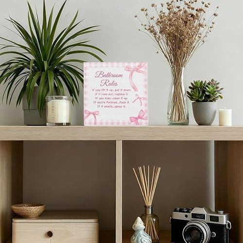 Pink Bow Bathroom Decor, Girls Bathroom Rules Rustic Wooden Box Sign, Little Pink Restroom Decor Farmhouse Toilet Signs thumbnail 5