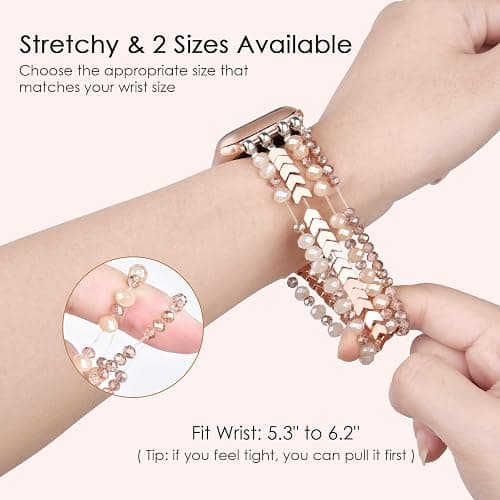 MOFREE Beaded Bracelet Apple Watch Band for Women 38mm 40mm 41mm 42mm, Elastic Stretch Women Strap Bands Compatible with iWatch Series 11/10/9/8/7/SE/6/5/4/3/2/1, Rose Gold for 5.3''-6.2'' Wrists thumbnail 2