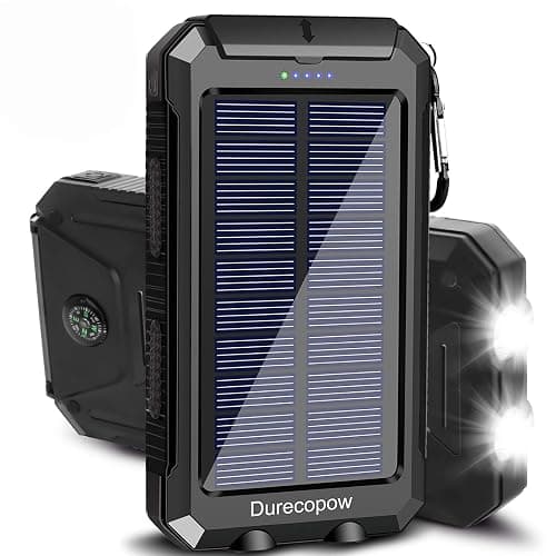 Solar Charger Power Bank, 8000mAh Portable Outdoor Waterproof Solar Battery Charger, Camping External Backup Battery Pack USB C Ports Input/Output, 2 Led Light Flashlight with Compass (Black) - Image 1