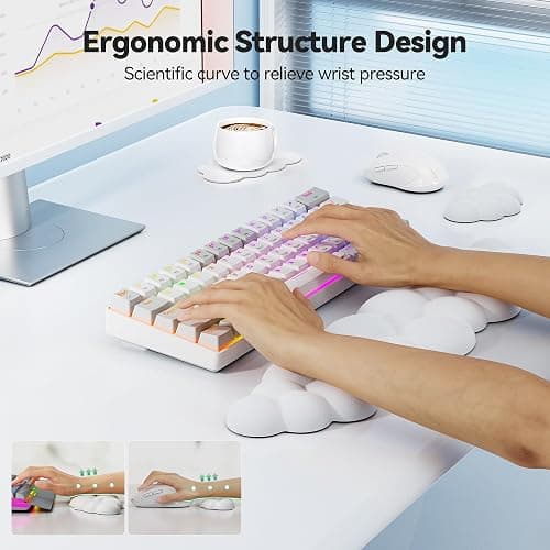 TECKNET Cloud Keyboard Wrist Rest Set, Cloud Wrist Rest with Non-Slip Base, PU Leather Wrist Pad for Keyboard with Ergonomic Memory Foam for Computer Laptop Office Gaming and Pain Relief, White thumbnail 3