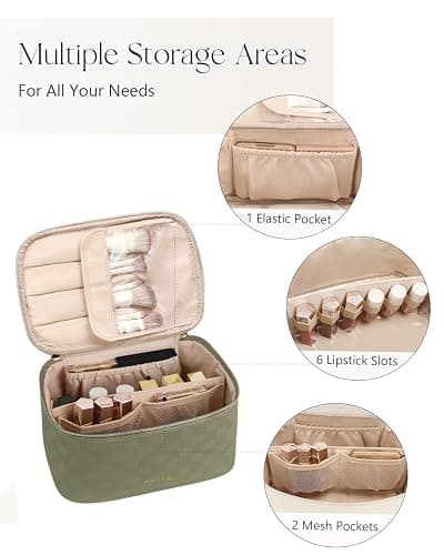 Prite Makeup Bag Portable Cosmetic Organizer with Brush Holder Waterproof Travel Toiletry Bag for Women with Handle and Divider (Checkered Green) thumbnail 2