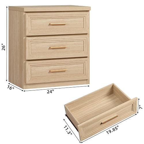 RWYHG Night Stand Set of 2 with 3 Drawer 26" Fluted Wooden Tall Nightstand Metal Handle for Bedroom Living Room Bedside Table Modern Style Furniture Natural thumbnail 3