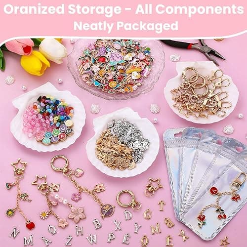 JOICEE 585Pcs Charms lip Gloss Keychain Making Kit, DIY Jewelry Crafts Making Kit with 192 Enamel Pendants 30 KeyChain Hooks 30 Chains and 333 Accessories Tools for Girls Adults Birthday Holiday Gifts thumbnail 6