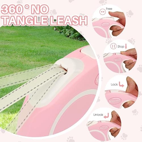 WRSOMIT Upgraded 16 Ft Retractable Dog Leash with Chew Proof Cable - Pink | Heavy Duty Dog Leash with Poop Bag Dispenser for Small Medium Large Dogs up to 120lbs, 360° No Tangle, One-Handed Brake thumbnail 6