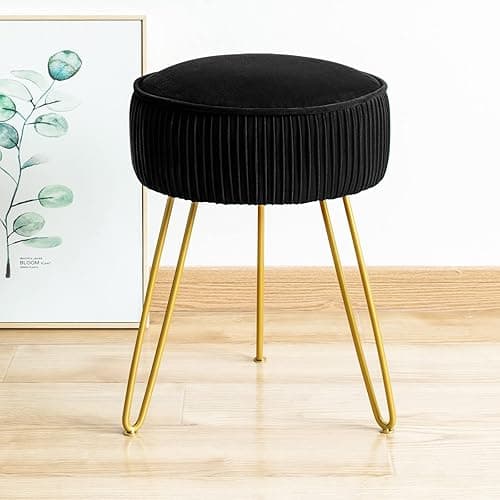 LUE BONA Pleated Vanity Stool, Velvet Upholstered Vanity Stool for Makeup Room, Ottoman Footrest with Metal Legs for Living Room, Bedroom, Black - Image 1