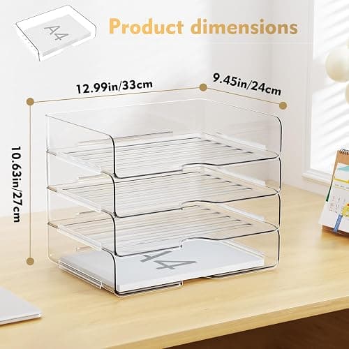 YKLSLH 4 Trays Paper Organizer Letter Tray - Acrylic Desk File Organizer, Stackable Clear Paper Holder Sorter Office Organizer for Letter/A4, Office File Ipad Books Notes Etc thumbnail 3