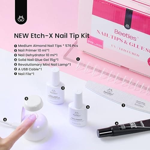 Beetles Gel Nail Kit Medium Almond with Nail Dehydrator and Primer, 576Pcs Half Matte Etch-X Gel Nail Tips Solid Nail Glue Mini Nail Lamp Acrylic Nail Tips Easy DIY Nail Extension Set Gift for Women thumbnail 7