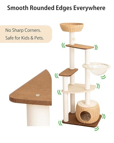 PETTIFUL Modern Cat Tree for Large Cat, 57-Inch Tall Cat Tower with Scratching Post for Indoor Cats, Multi-Level Cat Condo with Hand-Woven Cat Bed and Acrylic Bowl (White 81007DD) thumbnail 9