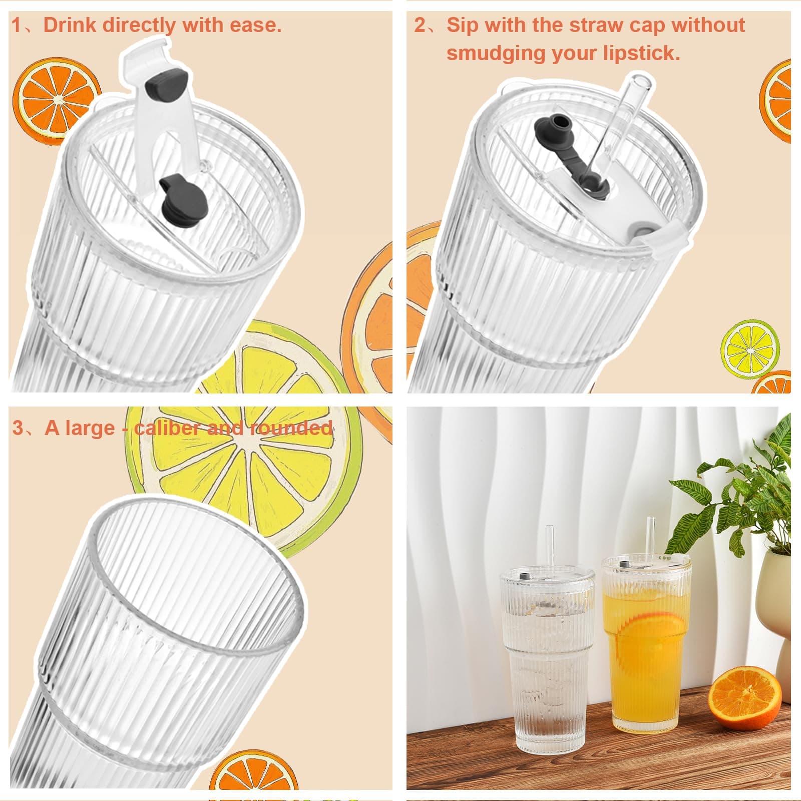 VITEVER 20oz Glass Tumblers with Lids and Straws, Set of 2 - Stylish Ribbed Design Drinking Glasses for Iced Coffee Cups, Juice, Smoothies, Cold Beverages, Includes Cleaning Brush, Durable Glassware thumbnail 8