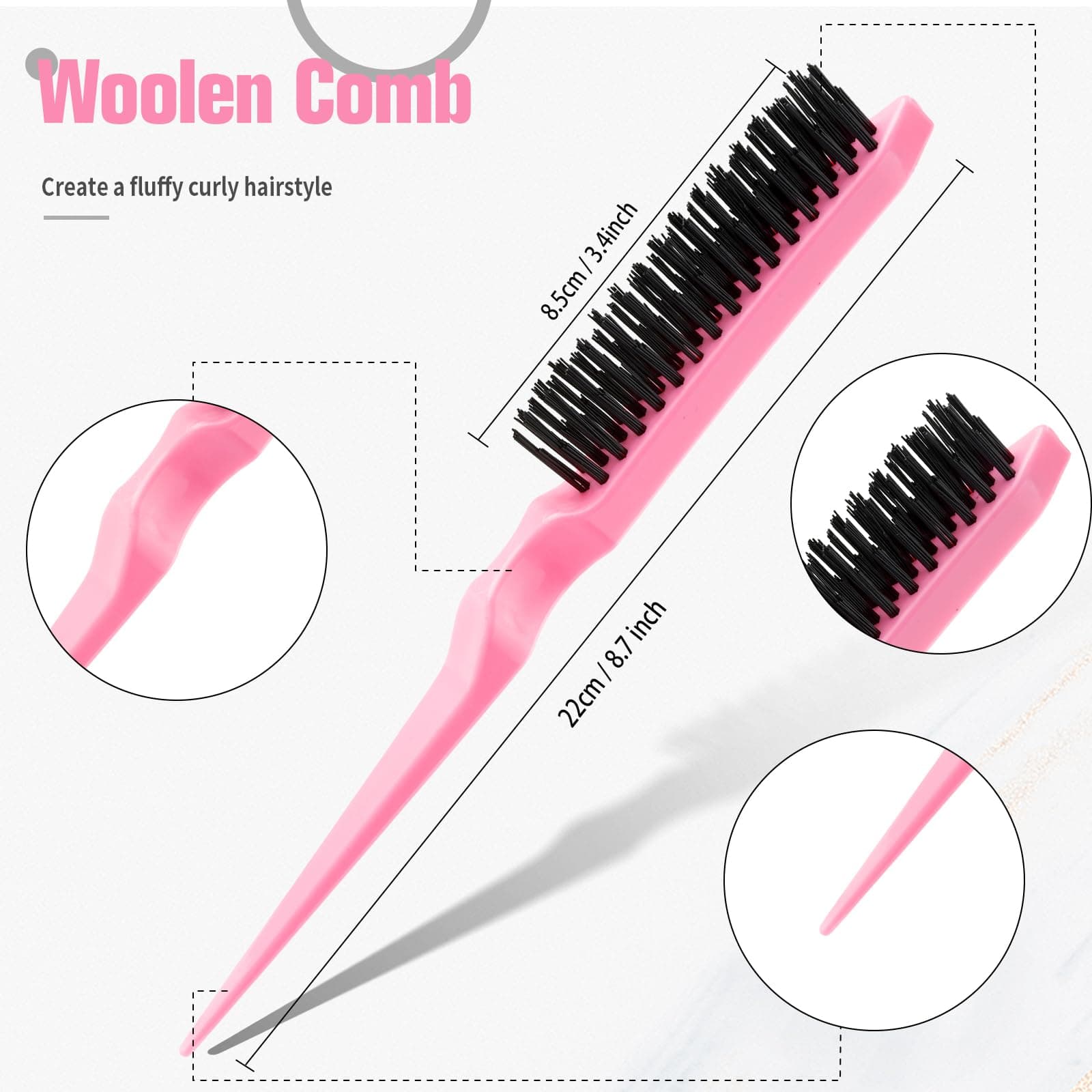 Slick Back Hair Brush, 3 Pcs Comb Set Edge Brush Bristle Hair Brush Rat Tail Comb, Curly Hair Brush, Styling Tools & Appliances, Hair Styling Tools, Parting Comb,Teasing Comb for Women Baby Pink thumbnail 2