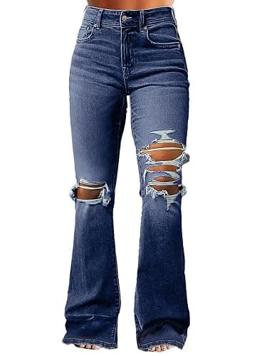Flamingals Women's Bell Bottom Jeans Flare Distressed Ripped Stretchy Mid Rise Bootcut Denim Jeans - Image 1