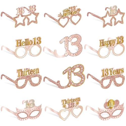 Guiruiy 24PCS 13th Birthday Paper Eyeglasses Decorations for Girls, Pink Rose Gold Happy 13th Birthday Eyeglasses Party Supplies, Funny 13 Year Old Birthday Thirteen Teenager Glasses Decor - Image 1