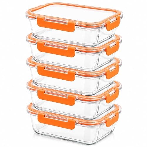 Innoteck 5 Pack 1040ml Orange Glass Food Storage Containers with Lids | Borosilicate meal prep containers with airtight leakproof locking lids, dishwasher safe for food storage and leftovers. thumbnail 8