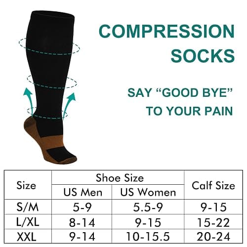 Double Couple 7 Pairs Copper Compression Socks for Men Women 20-30 mmHg Knee High Stockings - Large-X-Large - Black thumbnail 2