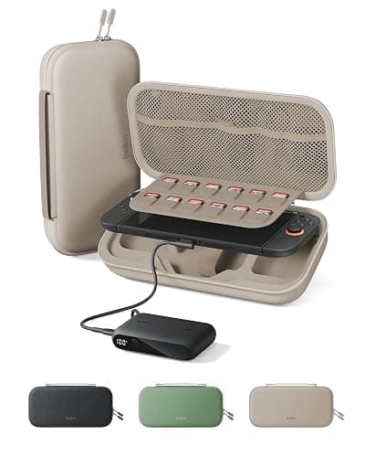 Belkin Nintendo Switch 2 Case w/Integrated 10,000mAh Power Bank Charger, Portable Hard Shell Protective Carrying Case with Pockets for AirTag, Game Cartridges for Travel - Sand - Image 1