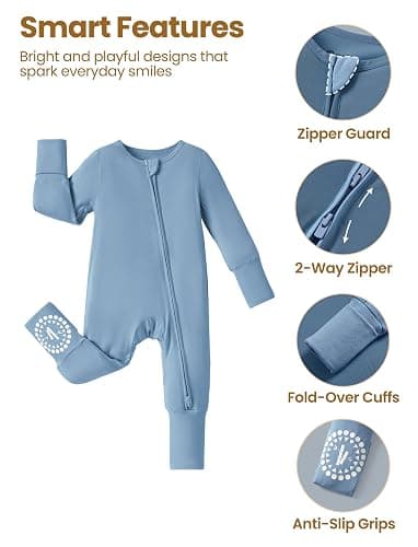 PATPAT Baby Footies Boys Girls - Bamboo Viscose - Zipper & Non-Slip Soles Romper Mitten - Footed & Footless Infant Clothes thumbnail 5