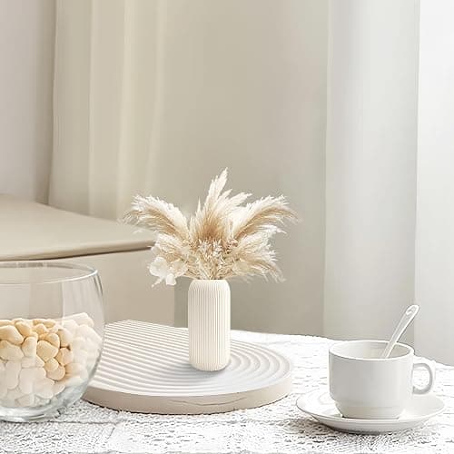 Ceramic Vase for Flowers – Modern Small Ribbed Textured Flower Vase for Home Decor, Pampas Grass, Decorative, Farmhouse, Coffee Table, Kitchen Centerpieces, Bookshelf and Home Living (White) thumbnail 6