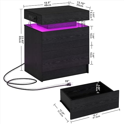 LIKIMIO Night Stand with Charging Station, Modern Black Nightstand with LED Light and Drawers, Bedside Tables/End Table for Bedroom thumbnail 2
