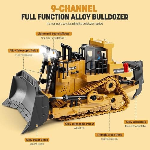 ADTHLIER Remote Control Excavator (11-Channel), Dump Truck, Bulldozer, Loader (9-Channel), 2.4GHz Remote Control Construction Vehicles, Metal Construction, with Cool Lights and Sound Effects, 4-Pack thumbnail 8