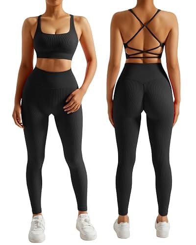 RXRXCOCO Ribbed Workout Sets for Women 2 Piece Backless Strappy Sports Bra Seamless Leggings Matching Set Yoga Outfits - Image 1