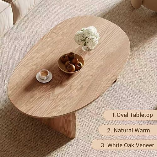 Honyee Modern Oval Coffee Table, Small Coffee Tables for Living Room - Oak Wood Top with Solid Legs, Wooden Center Table Easy Assembly for Living Room &Bedroom,Office, Natural thumbnail 4