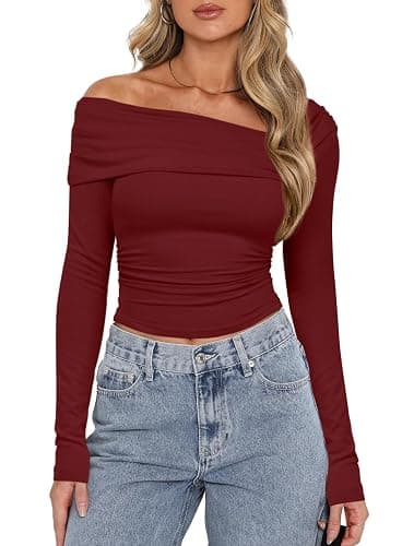 Darong Women's One Off Shoulder Long Sleeve Tops Ruched Going Out Crop Shirts Slim Fit Y2K Tee Blouse thumbnail 3