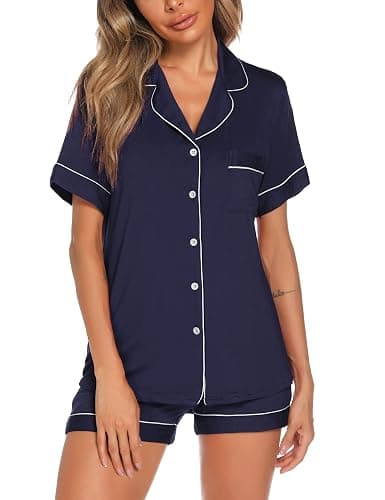 Aamikast Button Up Pajama Set for Women Shorts Short Sleeve Knit Sleepwear 2 Pice Pjs Sets - Image 1
