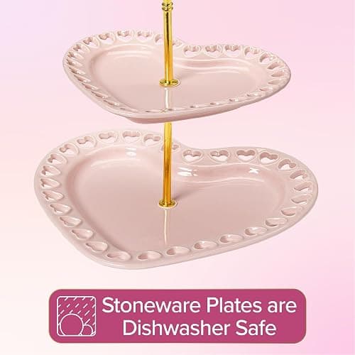 Paris Hilton 2-Tier Heart Serving Tray, Iconic Ceramic Stoneware with Metal Handle, Easy Assembly for Stylish Display, 9-Inch and 7-Inch Plates, Pink thumbnail 6