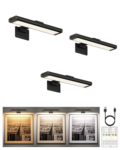 EZVALO Picture Light for Wall, Rechargeable 2400mAh Battery Lights Wireless with IR Remote, 3 Color & Dimmable Magnetic 7.8'' LED Lights Display for Painting, Living Room, Gallery, Bedroom(Black-3P) - Image 1