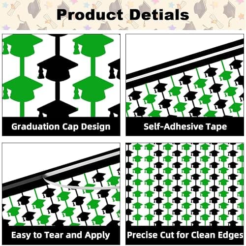 2 Pack 3.3ft x 6.6ft Graduation Cap Metallic Foil Fringe Curtain, Grad Hat Shaped Tinsel Streamers Photo Props Backdrop for College Graduation Party Supplies, Prom 2025 Decorations (Green&Black) thumbnail 3