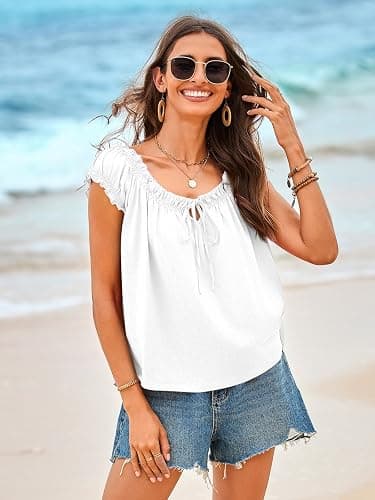 Tankaneo Women Summer Tie Front Tank Tops Cap Sleeve Pleated Babydoll Tops Casual Loose Fit Going Out Flowy Shirt thumbnail 6