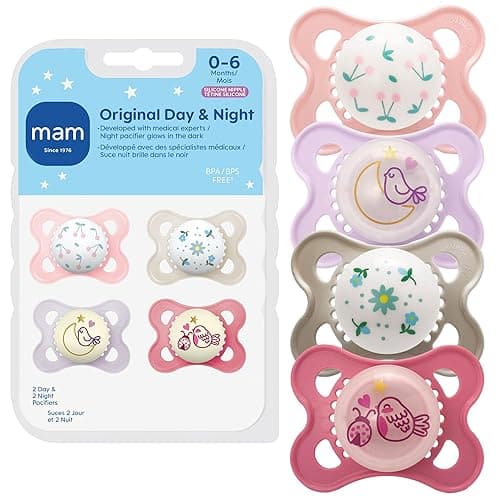 MAM Original Baby Pacifiers 0-6 Months, Binky for Newborn Babies, BPA-Free Skin Soft Silicone Nipple, Glows in The Dark, Developed with Medical Experts, 4 Pack, Made in Europe - Image 1