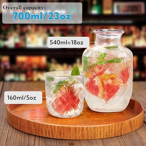 3 Set Bedside Water Carafe and Glass Set 18 OZ Vintage Glass Water Pitcher with 5 OZ Cup Set Clear Glass Water Pitcher for Bedroom,Bar,Bathroom,Hotel,Restaurant,Juice,Mouthwash Container,Style-1 thumbnail 4