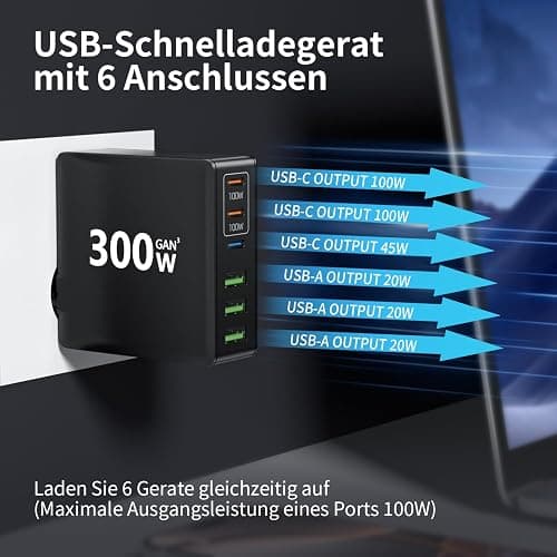 HSSNS 300W USB-C Ladegerät, 6 Port USB Ladegerät Mehrfach Schnellladegerät mit 3 USB-C und 3 USB-A, GaN PD Ladegerät USB C für MacBook iPad Pro/Air, iPhone 16 15 Pro Max, Samsung usw. - Schwarz thumbnail 4