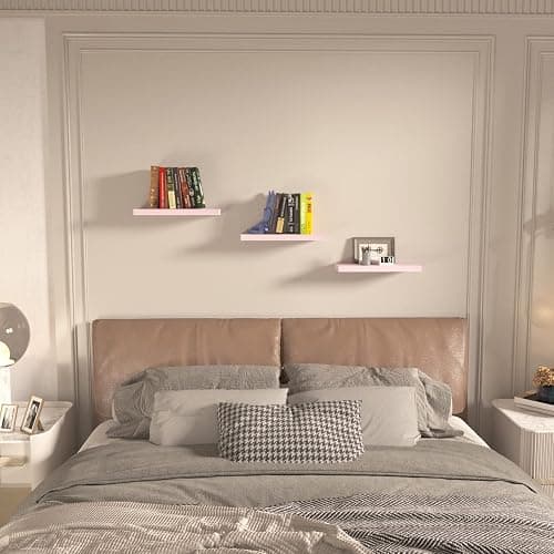 SAUMONIERES Floating Shelves Wall Shelf Solid Wood for Bathroom Bedroom Kitchen Set of 3, Pink Wall Shelves thumbnail 2
