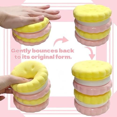 3.5 Inch Slow Rising Squishy Toys, Super Soft Cookie-Shaped Slow Rising Squishies, 3 Layers Realistic Sandwich Cookie Squeeze Toy, Food Squishies for Decompression Stress Relief (Pink) thumbnail 7