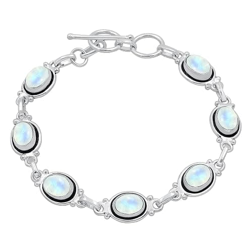 Natural Oval Gemstones Sterling Silver Plated Link Bracelet - Handmade Birthstone Vintage Style Adjustable Bracelets - Women's Jewelry Gift for Mom Wife Sister Grandmother - Image 1