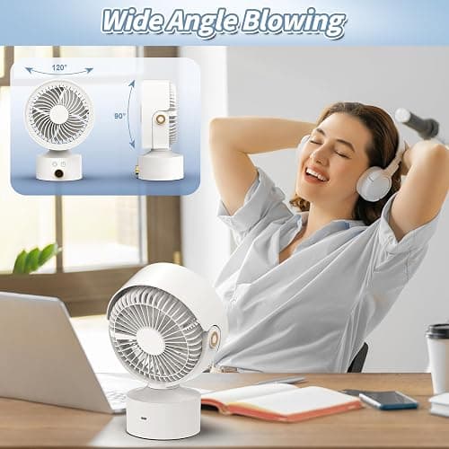 Yincook Desk Fan Small Oscillating for Bedroom, 9 Inch Quiet Desk Fan Air Circulator with 3 Speeds, 4H Timer, Rechargeable Desk Fan for Office/Dorm/Room-White thumbnail 4